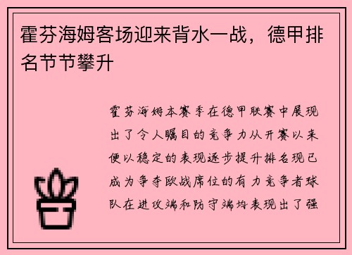 霍芬海姆客场迎来背水一战，德甲排名节节攀升